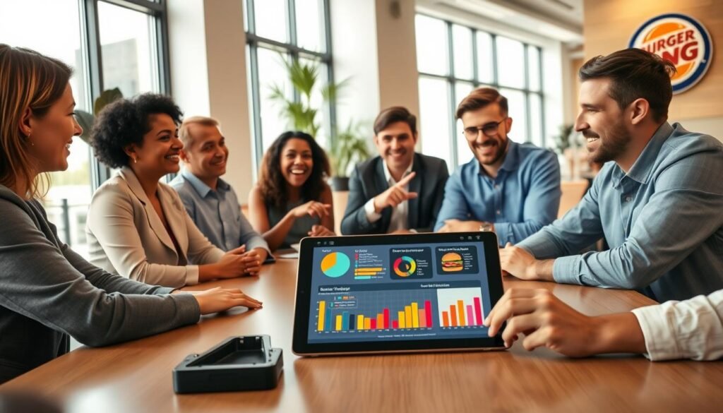 A professional setting featuring a diverse group of individuals seated around a modern conference table, engaged in a discussion about guest feedback. In the foreground, a tablet displaying colorful charts and graphs representing customer opinions on the Burger King Whopper. In the middle, the individuals, dressed in smart casual clothing, are animatedly sharing ideas, some pointing at the tablet. In the background, large windows provide natural light, creating a warm and inviting atmosphere. Subtle decor elements, like plants and contemporary artwork, enhance the environment. The overall mood is collaborative and constructive, emphasizing the importance of guest feedback in shaping menu changes. The angle captures both the table and the engaged expressions of the participants.