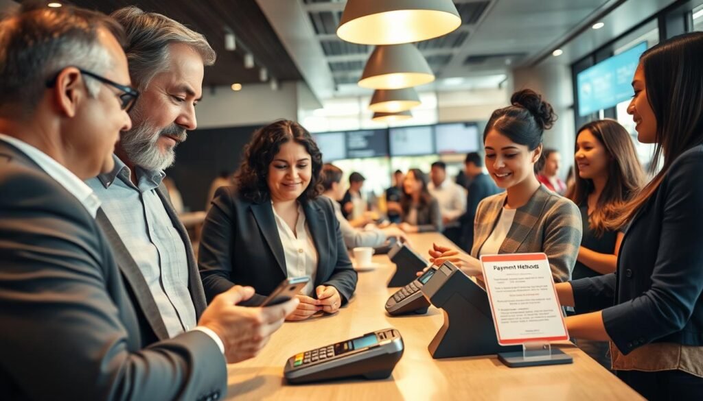 A professional, vibrant scene depicting a diverse group of individuals in a modern restaurant setting, focused on troubleshooting payment options. In the foreground, a middle-aged man in business attire is attentively discussing with a young woman dressed in smart casual clothing, as they both look at a smartphone displaying payment options. The middle layer includes a well-organized counter with a digital payment terminal, cards, and an informative sign about payment methods, creating a sense of interaction. In the background, the restaurant is lively and modern, with clear signage and cheerful customers, enhancing the atmosphere of support and problem-solving. Soft, warm lighting casts a welcoming glow throughout the scene, and the image is captured at eye-level to convey an approachable and engaging environment.