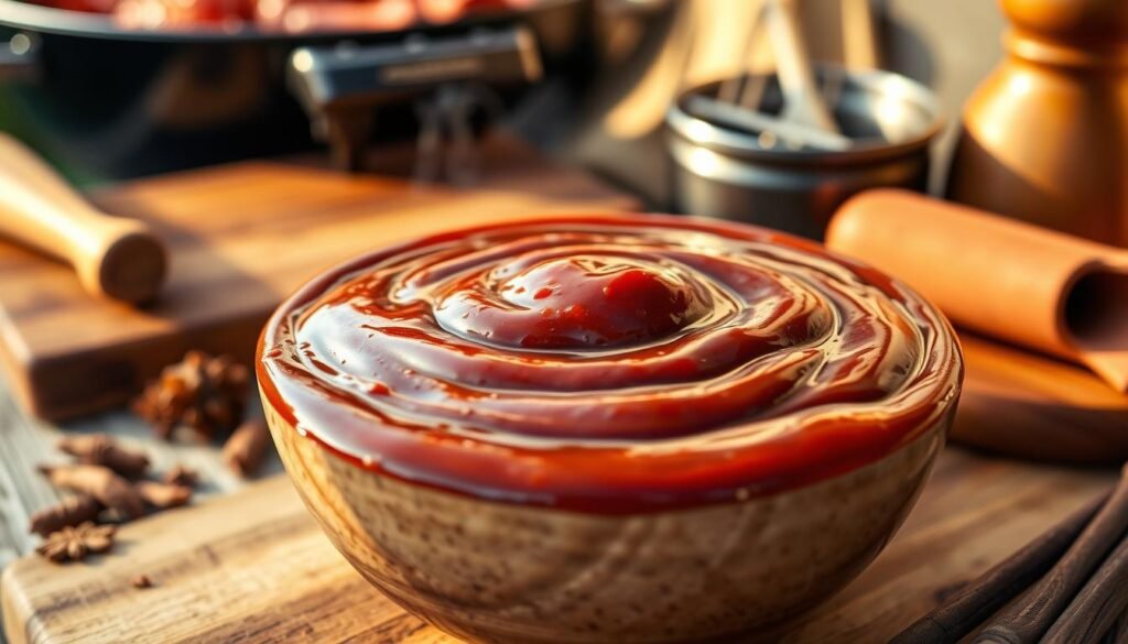 A rich, glossy bowl of hickory smoked BBQ sauce takes center stage, showcasing its deep, dark mahogany color with glints of light reflecting off the surface. Surrounding the bowl are rustic wooden accents, like a cutting board and scattered spices, evoking a hearty, homemade feel. In the background, a softly blurred outdoor BBQ setup hints at smoke rising gently, suggesting the sauce’s hickory flavor. The lighting is warm and inviting, simulating the golden glow of late afternoon sunlight, enhancing the sauce's appetizing sheen. Capture this image from a slightly elevated angle to emphasize the texture and richness of the sauce while keeping the overall composition inviting and culinary-focused.