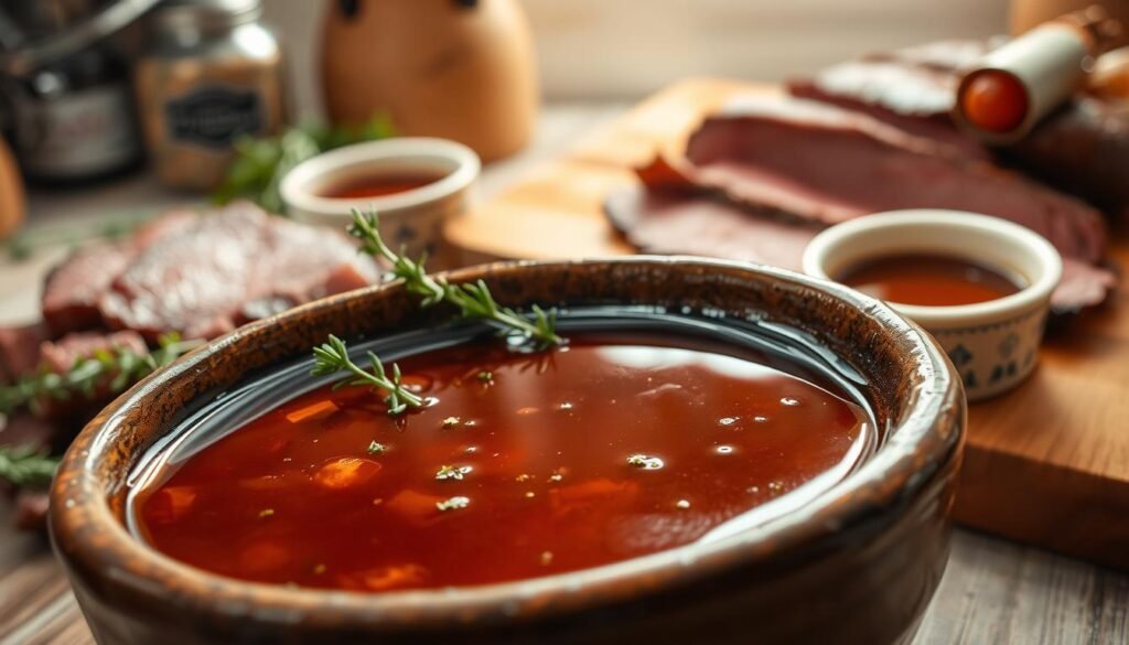 A rich, savory au jus sauce is the focal point of this image, presented in a deep, rustic bowl. The foreground highlights the glossy texture of the sauce, showcasing its aromatic herbs and spices subtly mixed in. Surrounding the bowl, freshly sliced roast beef glistens with juiciness, and a few sprigs of fresh thyme add a vibrant green contrast. In the middle ground, a wooden cutting board is laid out, enhancing the rustic theme, with a small ceramic dipping cup filled with additional au jus. The background features a softly lit kitchen setting, evoking a warm and inviting atmosphere, with blurred hints of kitchen tools and ingredients. The lighting is warm and inviting, creating gentle reflections on the surface of the sauce, as if inviting the viewer to taste the flavor. The overall mood is appetizing and comforting, encapsulating the essence of savory dining.