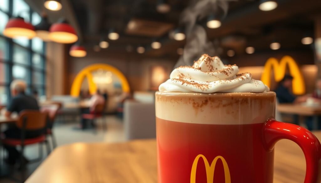 A rich, steaming mug of McDonald's hot chocolate, placed prominently in the foreground, showcasing the creamy, frothy texture topped with a sprinkle of cocoa powder and a dollop of whipped cream. The mug features the classic McDonald's red and yellow color scheme, with a subtle logo visible. In the middle ground, a blurred McCafe setting with its signature warm and inviting ambiance, featuring soft lighting and wooden accents, creating a cozy atmosphere. The background includes a softly blurred view of a McDonald's interior, with its iconic yellow arches and customers enjoying their beverages, evoking a sense of community. The lighting is warm and inviting, accentuating the comforting nature of the hot chocolate, captured from a slightly overhead angle to enhance the depth and inviting feel of the scene.