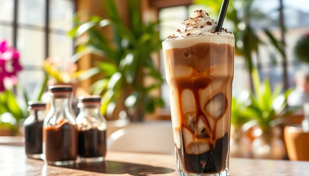 A richly detailed mocha iced coffee sits in a clear, tall glass filled with ice cubes, showcasing layers of dark chocolate syrup at the bottom and creamy milk swirling above. The smooth foam on top is garnished with a sprinkle of cocoa powder and a drizzle of chocolate, enticingly reflecting the light. In the foreground, a frosty condiments station is visible with chocolate syrup and whipped cream, hinting at customization options. In the middle background, a vibrant, greenery-filled café setting is softly blurred, suggesting a refreshing atmosphere. Bright afternoon sunlight filters through large windows, casting warm, inviting tones, creating a relaxed and energizing mood. Shot from a slightly elevated angle to highlight the layers of the iced coffee while keeping the café ambiance inviting and lively. A richly detailed mocha iced coffee sits in a clear, tall glass filled with ice cubes, showcasing layers of dark chocolate syrup at the bottom and creamy milk swirling above. The smooth foam on top is garnished with a sprinkle of cocoa powder and a drizzle of chocolate, enticingly reflecting the light. In the foreground, a frosty condiments station is visible with chocolate syrup and whipped cream, hinting at customization options. In the middle background, a vibrant, greenery-filled café setting is softly blurred, suggesting a refreshing atmosphere. Bright afternoon sunlight filters through large windows, casting warm, inviting tones, creating a relaxed and energizing mood. Shot from a slightly elevated angle to highlight the layers of the iced coffee while keeping the café ambiance inviting and lively.