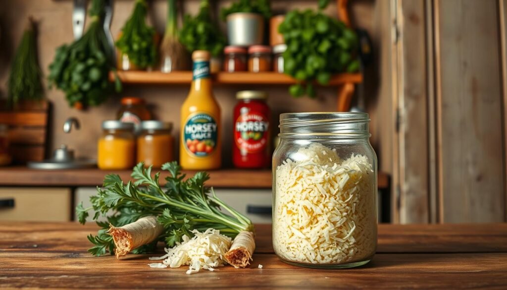 A rustic kitchen scene showcasing horseradish storage. In the foreground, a glass jar filled with freshly grated horseradish sits on a wooden countertop, its vibrant white and pale yellow contents illuminated by warm, soft lighting. Beside the jar, a small bunch of fresh horseradish roots, earthy and rugged, adds texture. In the middle ground, a shelf lined with various sauce jars, including a prominently displayed Horsey Sauce bottle, emphasizes proper storage solutions. The background features a vintage-style kitchen wall with herbs hanging and an old wooden cupboard. The scene conveys a nostalgic, homely atmosphere, inviting viewers to appreciate the importance of proper storage and shelf life for sauces, especially horseradish-based ones. The perspective is slightly angled to create depth.