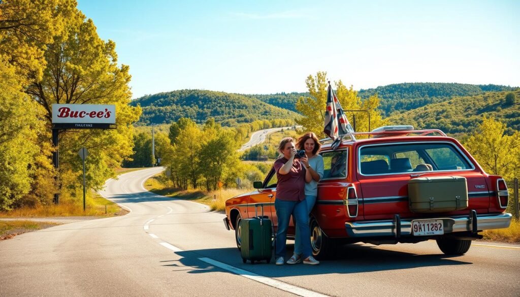 A scenic view of a classic American road trip in Tennessee, featuring a winding road lined with vibrant green trees and rolling hills in the background under a clear blue sky. In the foreground, a cheerful family of four dressed in modest casual clothing is enjoying a pit stop, capturing memories with a vintage camera beside their colorful station wagon filled with luggage. A Buc-ee's billboard peeks through the trees, hinting at a fun stop ahead. Soft, warm sunlight bathes the scene, creating a joyful and adventurous atmosphere. The image is shot from a low angle, emphasizing the road leading into the distance, inviting viewers to imagine their own road trip adventures through Tennessee's picturesque landscapes. A scenic view of a classic American road trip in Tennessee, featuring a winding road lined with vibrant green trees and rolling hills in the background under a clear blue sky. In the foreground, a cheerful family of four dressed in modest casual clothing is enjoying a pit stop, capturing memories with a vintage camera beside their colorful station wagon filled with luggage. A Buc-ee's billboard peeks through the trees, hinting at a fun stop ahead. Soft, warm sunlight bathes the scene, creating a joyful and adventurous atmosphere. The image is shot from a low angle, emphasizing the road leading into the distance, inviting viewers to imagine their own road trip adventures through Tennessee's picturesque landscapes.