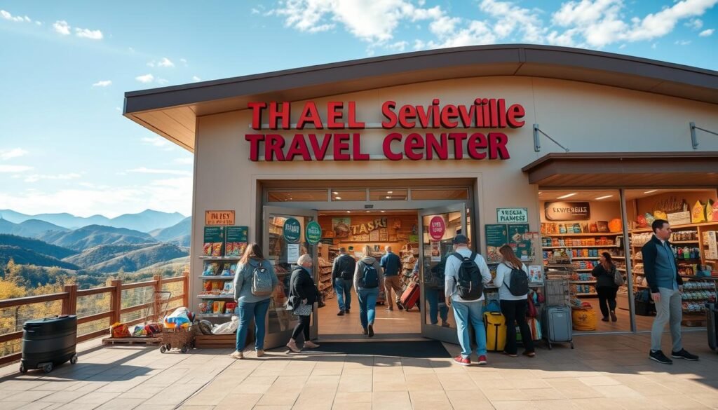 A scenic view of the Sevierville Travel Center, showcasing a bustling travel store set against the backdrop of the Smoky Mountains. In the foreground, display a well-stocked store entrance with large glass doors, adorned with colorful signage promoting local goods and snacks. In the middle, depict travelers of diverse backgrounds, dressed in casual attire, exploring aisles filled with unique souvenirs, snacks, and outdoor gear. The atmosphere is warm and inviting, illuminated by soft, natural light filtering through large windows. In the background, include rolling hills and blue skies to enhance the travel vibe, capturing the essence of Tennessee’s charm. Use a wide-angle lens to create depth and emphasize the lively environment without distractions. The mood should be vibrant and cheerful, evoking a sense of adventure and exploration. A scenic view of the Sevierville Travel Center, showcasing a bustling travel store set against the backdrop of the Smoky Mountains. In the foreground, display a well-stocked store entrance with large glass doors, adorned with colorful signage promoting local goods and snacks. In the middle, depict travelers of diverse backgrounds, dressed in casual attire, exploring aisles filled with unique souvenirs, snacks, and outdoor gear. The atmosphere is warm and inviting, illuminated by soft, natural light filtering through large windows. In the background, include rolling hills and blue skies to enhance the travel vibe, capturing the essence of Tennessee’s charm. Use a wide-angle lens to create depth and emphasize the lively environment without distractions. The mood should be vibrant and cheerful, evoking a sense of adventure and exploration.