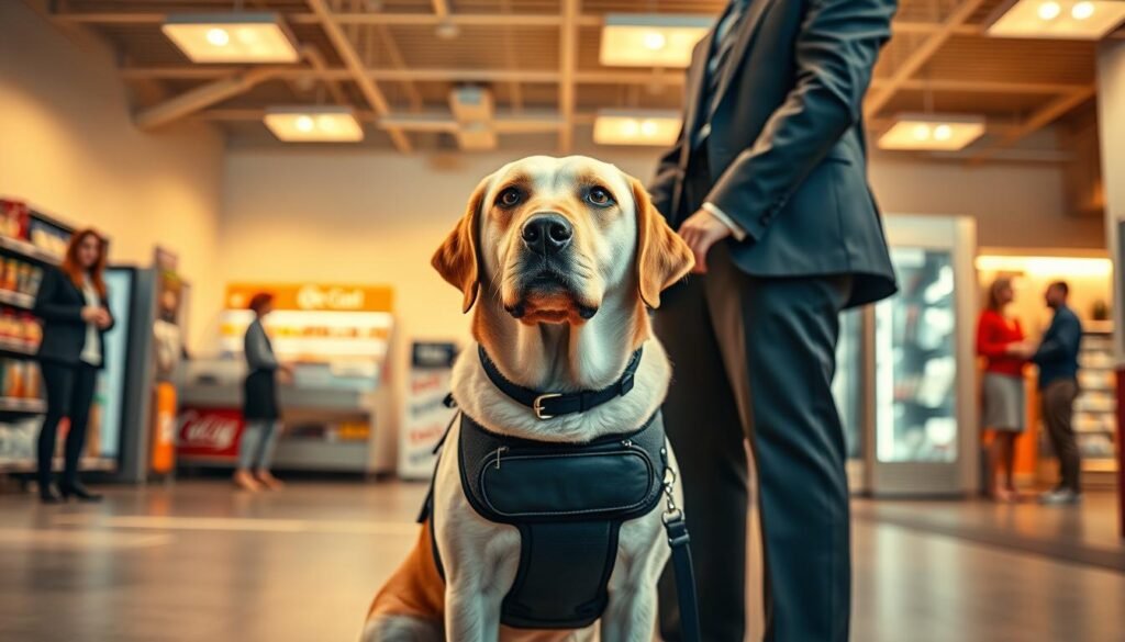 A serene indoor environment resembling a modern convenience store, showcasing a well-groomed service dog, a Labrador Retriever, patiently sitting beside a person in professional business attire. The foreground features the dog with a service vest, looking attentive and calm. In the middle ground, a customer interaction area is visible, with shelves stocked with snacks and beverages, and other patrons observing the scene with friendly expressions. The background includes warm, ambient lighting from overhead fixtures, creating a welcoming atmosphere. Capture a slightly elevated angle to emphasize the dog's role as a service animal. The overall mood is one of support and accessibility, highlighting the importance of service animals in public spaces.