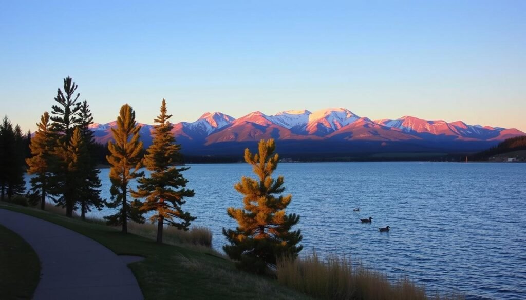 A serene, picturesque scene of Palmer Lake in Colorado, capturing the tranquil blue waters reflecting the vibrant hues of a sunset. In the foreground, a peaceful lakeside pathway lined with tall pine trees, gently illuminated by the warm, golden light of the setting sun. A few ducks glide across the water, adding life to the scene. In the middle ground, the iconic Rocky Mountains rise majestically against the sky, their peaks dusted with snow and bathed in a soft pink and orange glow. The background features a clear, expansive sky gradually transitioning into twilight. The atmosphere is calm and contemplative, evoking a sense of community and connection to nature, ideal for illustrating the Palmer Lake proposal and its significance.