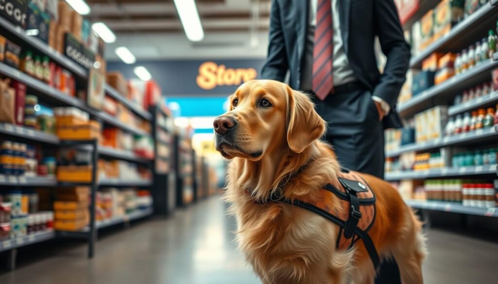A service animal, specifically a Golden Retriever wearing a service vest, stands alert next to a well-dressed professional in a busy store environment. The foreground showcases an interaction between the service animal and the person, emphasizing a bond of trust. In the middle ground, shelves stocked with various products line the store, indicating a bustling retail space while maintaining a neat and organized appearance. The background reveals the store’s logo subtly displayed, enhancing the context without making it the focal point. Soft, natural lighting floods the scene, casting gentle shadows that create a welcoming atmosphere. The perspective is slightly angled to capture both the store's interior and the human-animal connection, conveying a sense of safety and compliance in public spaces.