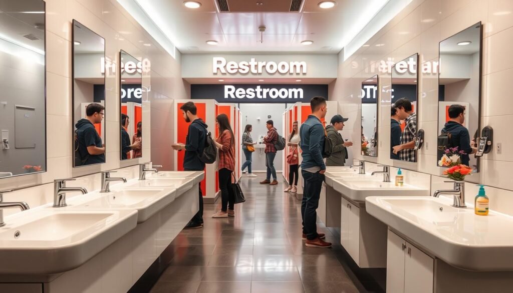 A spacious and clean restroom in a modern gas station, designed for travelers. The foreground features gleaming white sinks with stylish faucets and mirrors, reflecting ample natural light. In the middle ground, consider spacious, well-lit stalls with vibrant colors and decorative elements, like hand sanitizer stations and fresh flowers for an inviting touch. The background includes a welcoming entrance with a large ‘Restroom’ sign, featuring bright LED lighting that enhances the overall ambiance. The lighting is bright yet soft, creating a friendly and approachable atmosphere. The scene is bustling with travelers in modest casual clothing, some washing their hands and others waiting, conveying a sense of comfort and cleanliness in transit.