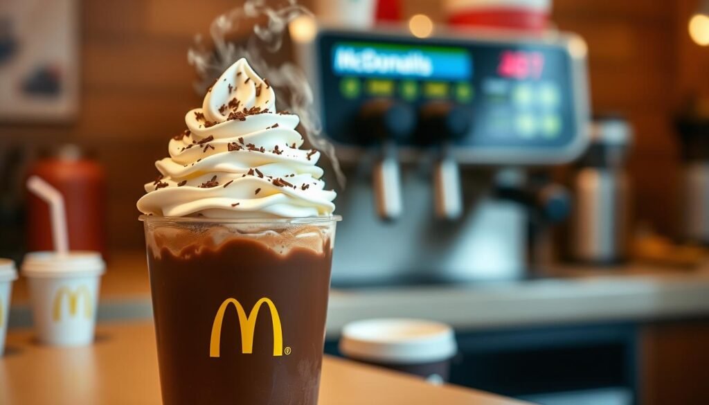 A steaming cup of McDonald's hot chocolate sits prominently in the foreground, showcasing its rich, dark brown color topped with a generous swirl of whipped cream and a sprinkle of chocolate shavings. The cup is adorned with the McDonald's logo for brand recognition. In the middle ground, a McDonald's drink station is slightly blurred, depicting the equipment where drinks are prepared, indicating recent challenges with the machinery through subtle signs of wear. The background features a cozy cafe atmosphere, with soft glowing lights creating a warm ambiance, inviting customers to enjoy their beverages. The scene is captured using a shallow depth of field, focusing sharply on the drink while the surrounding elements gently fade. The overall mood is warm and inviting, emphasizing comfort and indulgence in a familiar setting.