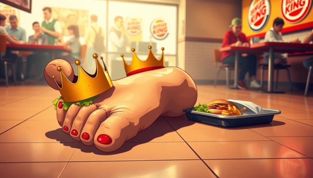 A surreal and humorous illustration capturing a large, exaggerated foot resting on a fast-food restaurant floor, stylized to resemble a Burger King locale. In the foreground, the foot is detailed, with classic burger elements like lettuce, cheese, and sesame seeds adorning the toenails, reflecting the infamous "foot lettuce" meme. The middle ground features a slightly disheveled Burger King crown and a tray with an untouched burger and fries. Soft, warm lighting casts playful shadows, creating a whimsical atmosphere. In the background, blurred images of restaurant patrons enjoying their meals are visible, adding to the surreal, lighthearted feel. The angle is slightly tilted, enhancing the sense of exaggeration and humor in the composition. A surreal and humorous illustration capturing a large, exaggerated foot resting on a fast-food restaurant floor, stylized to resemble a Burger King locale. In the foreground, the foot is detailed, with classic burger elements like lettuce, cheese, and sesame seeds adorning the toenails, reflecting the infamous "foot lettuce" meme. The middle ground features a slightly disheveled Burger King crown and a tray with an untouched burger and fries. Soft, warm lighting casts playful shadows, creating a whimsical atmosphere. In the background, blurred images of restaurant patrons enjoying their meals are visible, adding to the surreal, lighthearted feel. The angle is slightly tilted, enhancing the sense of exaggeration and humor in the composition.