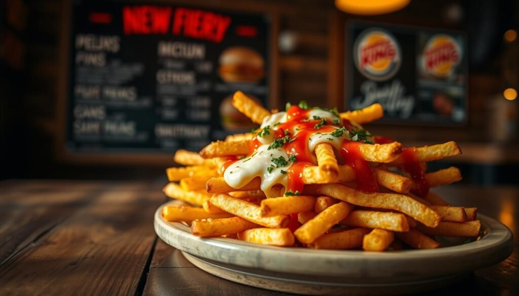 A tantalizing close-up of a plate of sizzling mozzarella fries, perfectly golden-brown and bubbling with melted cheese, sitting atop a rustic wooden table. The fries are garnished with a sprinkle of fresh, chopped herbs and drizzled with a bold, spicy sauce that glistens under the warm, soft lighting. In the background, a blurred out menu board hints at the exciting flavors of Burger King’s new fiery menu, with the atmosphere exuding a cozy, inviting vibe typical of a casual dining experience. The focus is sharp on the fries, emphasizing their texture and the gooey mozzarella, while the shallow depth of field creates an intimate feel, enticing viewers to imagine the bold taste awaiting them.