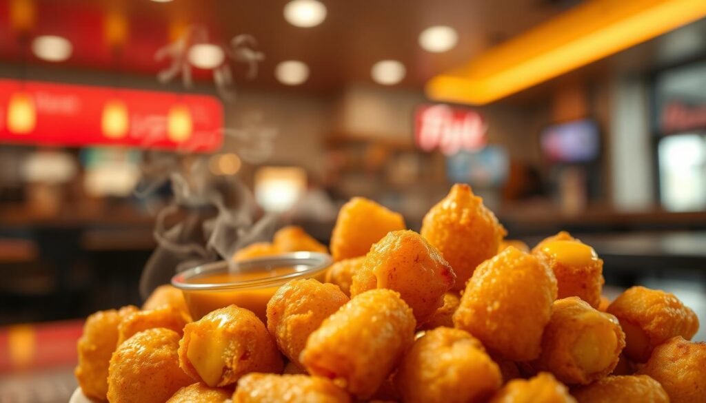 A tempting close-up of a plate filled with freshly fried cheesy tater tots, glistening with melted cheese and a golden-brown crust. The foreground features the cheesy tots arranged artistically, with steam rising from them, creating a cozy, inviting atmosphere. In the middle, a small cup of tangy dipping sauce sits beside the tots, hinting at rich flavors. The background includes a blurred interior of a modern fast-food restaurant with soft, warm lighting that enhances the inviting mood. A shallow depth of field emphasizes the cheesy tots as the star of the image. The colors are vibrant, celebrating the indulgent nature of fast food, while also conveying a sense of fun and enjoyment for fans of this delicious item.