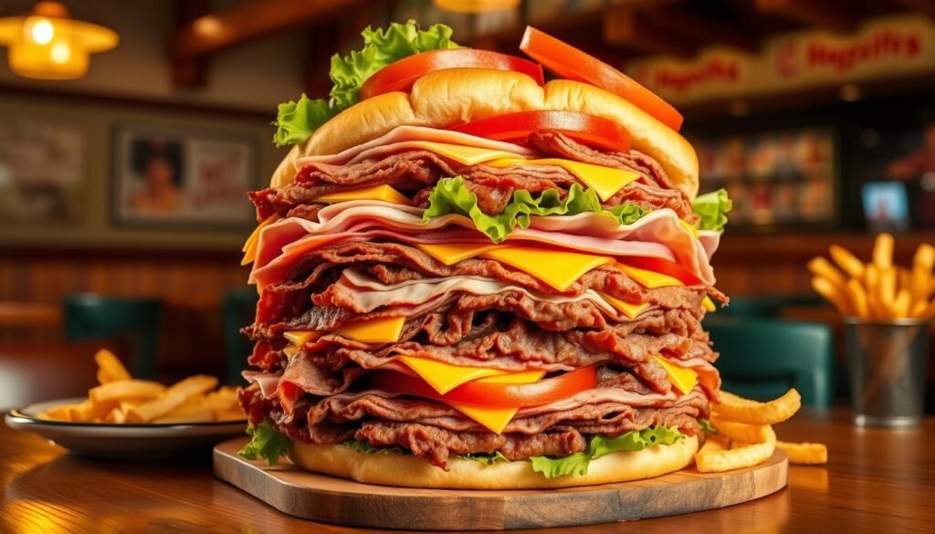 A towering Arby's Meat Mountain sandwich, overflowing with layers of juicy roast beef, turkey, ham, and cheddar. The sandwich, prominently displayed in the foreground, is garnished with crisp lettuce and ripe tomato slices, showcasing its massive size and meaty texture. In the middle ground, a rustic wooden table adds warmth; nearby, a plate holds a few extra curly fries, hinting at indulgence. The background features a cozy diner atmosphere, with soft, ambient lighting that highlights the appetizing details of the sandwich. Capture the scene from a slightly elevated angle, emphasizing the sandwich's height and layered components. The overall mood is inviting and satisfying, evoking a sense of hearty enjoyment and fulfillment.