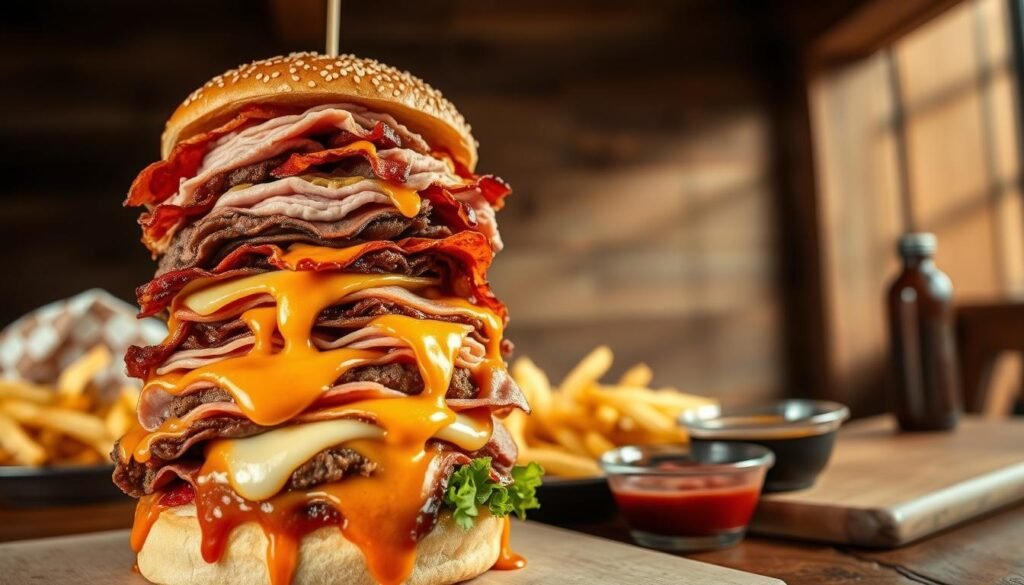 A towering, mouth-watering Meat Mountain featuring layers of various meats such as juicy roast beef, smoked turkey, crispy bacon, and tender ham stacked high on a sesame seed bun. The foreground showcases the Meat Mountain, glistening with melted cheese and savory sauces dripping down the sides, evoking a sense of indulgence. In the middle ground, a side plate of fries and dipping sauces adds to the visual feast. The background features a rustic wooden table setting with soft, warm lighting casting inviting shadows, enhancing the texture of the meats. The scene is captured with a low-angle perspective to emphasize the height and grandeur of the Meat Mountain, creating a satisfying and mouth-watering atmosphere perfect for meat lovers.
