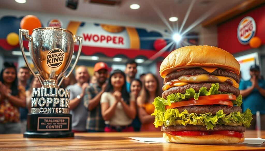 A towering, mouthwatering Whopper burger sits prominently in the foreground, glistening with fresh ingredients. The bun is perfectly golden-brown, with crisp lettuce, ripe tomatoes, and a juicy beef patty peeking out. Next to this giant burger, a glittering trophy labeled "Million Dollar Whopper Contest" reflects bright spotlights, enhancing the excitement of the scene. In the middle ground, a cheerful crowd of diverse people dressed in casual attire enthusiastically watches, capturing the energy of a lively contest atmosphere. The background showcases a colorful, festive Burger King restaurant, adorned with balloons and banners promoting the contest. Soft, warm lighting bathes the entire scene, creating an inviting and celebratory mood, as daylight filters through, emphasizing the joy of indulging in a delicious Whopper.