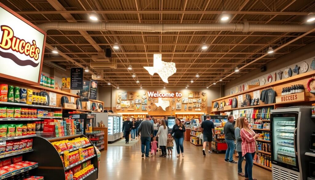 A vast and inviting interior of the largest Buc-ee's convenience store, showcasing an elaborate layout filled with a variety of merchandise ranging from snacks, beverages, and souvenirs to travel essentials. In the foreground, a well-organized display of Buc-ee's branded products, colorful snacks in neat rows, and a large beverage station gleaming under bright lights. The middle section captures busy aisles with families and travelers browsing, all dressed in casual attire, highlighting a friendly atmosphere. The background features the impressive wall of Texas-themed souvenirs and a large, illuminated sign displaying "Welcome to Buc-ee's!" Create a warm, welcoming ambiance with soft lighting and a wide-angle perspective to emphasize the store's spaciousness and vibrant energy.