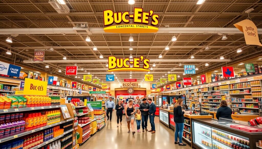 A vast interior of the world’s largest convenience store, Buc-ee's, showcasing its impressive layout. In the foreground, bright displays of snacks, drinks, and merchandise attract attention, with clean aisles leading to a bustling checkout area. The middle ground features shoppers in business casual attire, family members exploring the various products, and staff ready to assist. The background displays colorful signs and extensive shelves stocked with a diverse range of items, from local Texas goods to travel essentials. Soft, warm lighting fills the space, creating an inviting atmosphere. The scene is captured from a low-angle perspective, emphasizing the height and scale of the store, conveying a sense of wonder and excitement as customers engage with the vibrant environment.