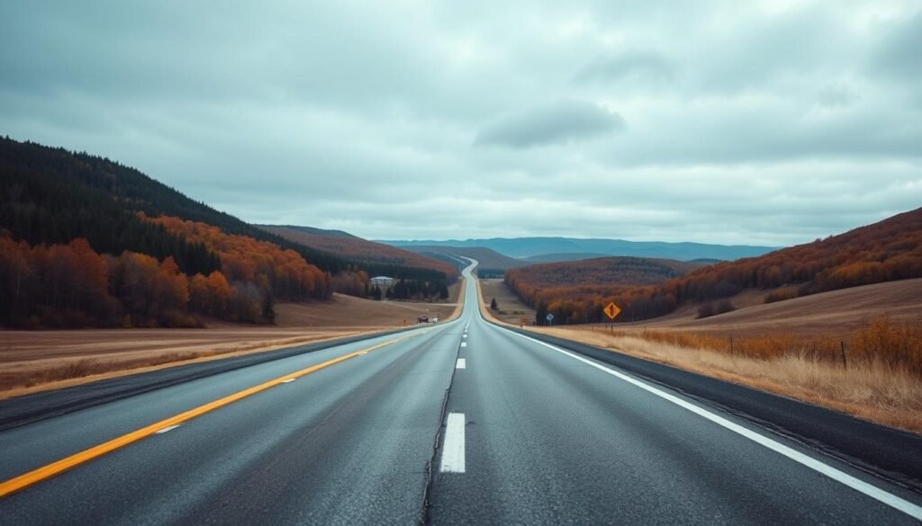 A vast, open landscape in the northeastern United States, showcasing rolling hills and dense forests. In the foreground, an empty roadside without any gas stations or convenience stores to symbolize the absence of Buc-ee’s. The middle ground features a winding road leading into the distance, flanked by trees changing colors with the seasons, creating a sense of solitude. In the background, a cloudy sky casts a subtle gray light, enhancing the feeling of emptiness. The scene feels tranquil yet slightly melancholic, reflecting the idea of isolation from the popular gas station chain. The atmosphere is calm, inviting the viewer to ponder the reasons behind the lack of locations in this region. The perspective is at eye level, creating a natural connection with the viewer.