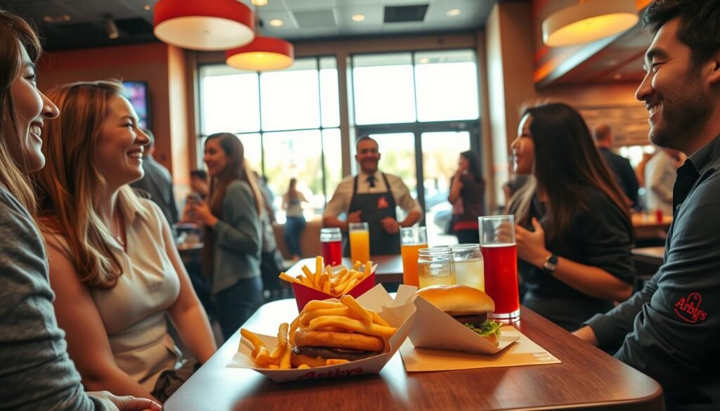 A vibrant Arby’s restaurant during happy hour, showcasing a cheerful atmosphere filled with patrons enjoying delicious food and drinks. In the foreground, a small table is set for two, displaying a signature Arby’s sandwich with curly fries and refreshing beverages, with people casually laughing and chatting. The middle background features a friendly staff member serving guests, dressed in smart casual attire, with the Arby’s logo subtly visible on their uniform. The overall lighting is warm and inviting, creating a welcoming ambiance. In the background, large windows show a sunny day outside, with customers entering and exiting the location. The angle captures a lively and engaging scene, conveying a sense of enjoyment and savings during Arby’s happy hour. The mood is cheerful and relaxed, perfect for food lovers.