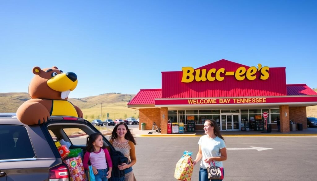 A vibrant Buc-ee's travel plaza in Tennessee, showcasing its iconic beaver mascot in bright colors. In the foreground, a family of four is happily loading their car with Buc-ee's merchandise, all wearing modest casual clothing. The middle ground features the large, welcoming facade of the building with its signature red and yellow color scheme, complete with a busy gas station and convenient store entrance. The background shows rolling hills typical of Tennessee, under a clear blue sky. Soft sunlight illuminates the scene, creating a cheerful and inviting atmosphere. The image captures the excitement of travelers discovering a Buc-ee's location, emphasizing community and the joy of road trips.