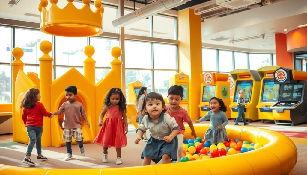 A vibrant Burger King playground scene depicting a lively, colorful play area designed for children. In the foreground, a bright yellow play structure shaped like a crown, where kids can climb and slide, surrounded by soft, cushioned flooring. In the middle ground, children of diverse ethnicities are joyfully playing together, dressed in modest casual clothing, engaging with interactive game panels and a ball pit filled with colorful balls. The background features large windows allowing natural light to flood the area, highlighting the cheerful decor with Burger King branding. The overall atmosphere is fun and inviting, with a warm, sunny ambiance that captures the excitement of a modern burger joint playground experience. The image is captured from a slightly elevated angle, showcasing the play area in its entirety. A vibrant Burger King playground scene depicting a lively, colorful play area designed for children. In the foreground, a bright yellow play structure shaped like a crown, where kids can climb and slide, surrounded by soft, cushioned flooring. In the middle ground, children of diverse ethnicities are joyfully playing together, dressed in modest casual clothing, engaging with interactive game panels and a ball pit filled with colorful balls. The background features large windows allowing natural light to flood the area, highlighting the cheerful decor with Burger King branding. The overall atmosphere is fun and inviting, with a warm, sunny ambiance that captures the excitement of a modern burger joint playground experience. The image is captured from a slightly elevated angle, showcasing the play area in its entirety.