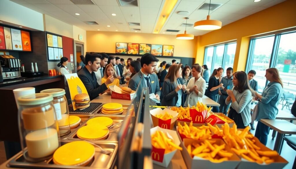 A vibrant McDonald's restaurant interior during the lunch transition, showcasing a clear contrast between breakfast and lunch items. In the foreground, a well-organized counter displaying breakfast items like Egg McMuffins and coffee on one side, with freshly prepared burgers and fries on the other. Middle ground features a diverse group of customers of various ages, professionally dressed and casually enjoying their meals, engaged in conversation. Background includes bright, natural lighting filtering through large windows, creating a warm and inviting atmosphere. The image captures the busy yet harmonious moment of customers experiencing the shift from breakfast to lunch, with a focus on the juxtaposition of menus. Shot with a wide-angle lens, emphasizing depth and the lively ambiance.