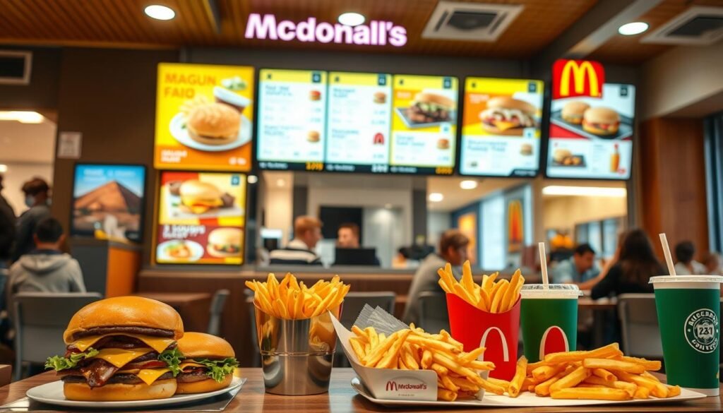 A vibrant McDonald's restaurant interior showcasing a well-organized menu display with regional variations, prominently featuring items tailored to local tastes. In the foreground, appetizing food items like burgers, fries, and beverages are neatly arranged on a table, invitingly presented with striking colors. The middle ground includes the digital menu boards showing diverse regional meals, illuminated with soft, welcoming LED lights. The background reveals a cozy dining area with customers enjoying their meals in a casual, friendly atmosphere, all dressed in modest casual clothing. The scene captures the essence of community dining, with warm and inviting lighting that enhances the cheerful ambiance. The angle is slightly elevated to provide a comprehensive view of the menu and the dining experience. A vibrant McDonald's restaurant interior showcasing a well-organized menu display with regional variations, prominently featuring items tailored to local tastes. In the foreground, appetizing food items like burgers, fries, and beverages are neatly arranged on a table, invitingly presented with striking colors. The middle ground includes the digital menu boards showing diverse regional meals, illuminated with soft, welcoming LED lights. The background reveals a cozy dining area with customers enjoying their meals in a casual, friendly atmosphere, all dressed in modest casual clothing. The scene captures the essence of community dining, with warm and inviting lighting that enhances the cheerful ambiance. The angle is slightly elevated to provide a comprehensive view of the menu and the dining experience.