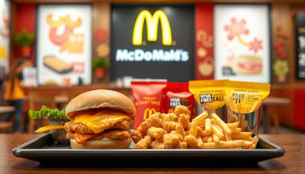 A vibrant McDonald's value menu display featuring an enticing array of popular menu items served on a sleek tray. In the foreground, showcase classic items like a cheeseburger, chicken nuggets, and medium fries, beautifully plated and with fresh ingredients visible. The middle ground should highlight the recognizable McDonald's logo and bright, cheerful packaging of promotional deals. In the background, a cozy fast-food restaurant interior with warm lighting and playful decor, giving an inviting atmosphere. The image should be taken from a slight angle to provide depth, with a soft-focus bokeh effect in the background. The scene conveys a sense of excitement and value, appealing to customers looking for affordable meal options.