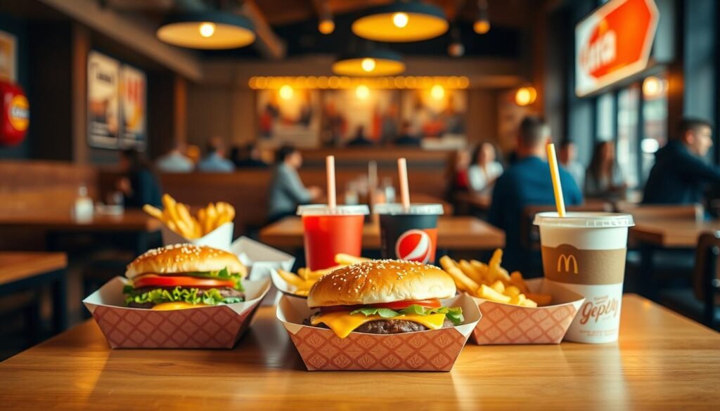 A vibrant, aesthetically pleasing arrangement of value meals from a fast-food restaurant, showcasing a variety of items like burgers, fries, and soft drinks on a clean wooden table. In the foreground, highlight two value meals prominently placed on patterned paper trays, emphasizing their appealing colors and textures. The middle ground features additional value meal options, nestling in dimly lit ambiance with a warm, inviting glow to suggest comfort and familiarity. The background includes a hint of a bustling restaurant with blurred figures of patrons enjoying their meals, capturing the essence of a fast-food dining experience. Use soft, natural lighting to create an inviting atmosphere, and employ a slight overhead angle to enhance the layout of the meals. The mood should feel cheerful and communal, reflecting the evolution of affordable dining options.