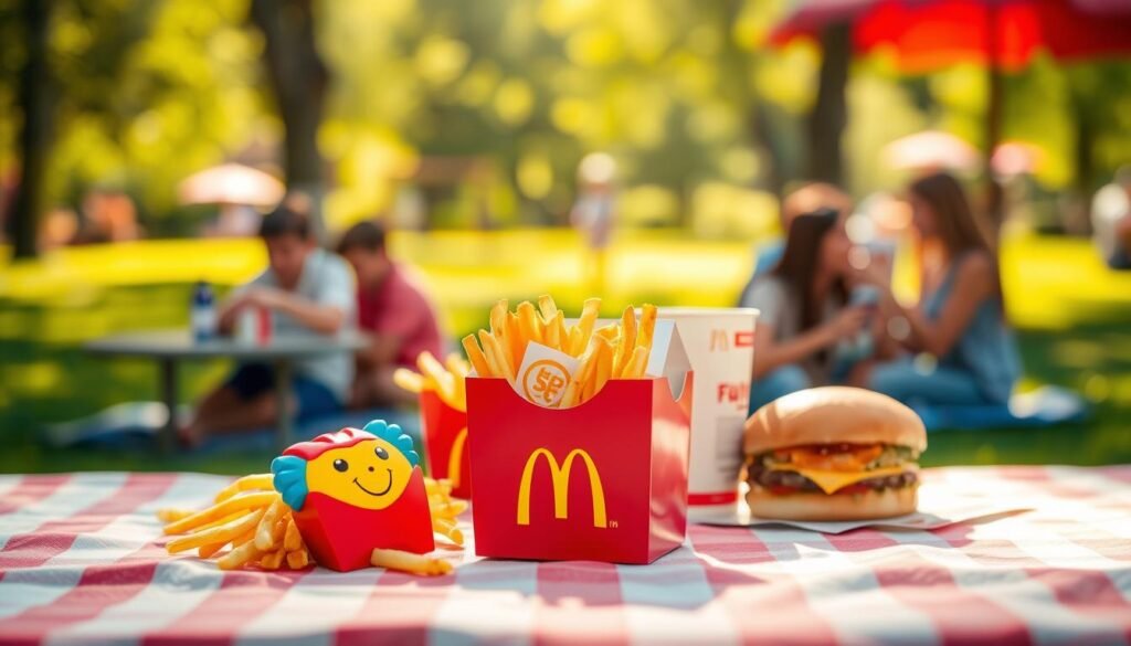 A vibrant and appealing Happy Meal display, featuring a colorful, iconic Happy Meal box front and center, nestled on a clean, picnic-style tablecloth. In the foreground, a colorful toy from the current McDonald's collection peeks out of the box, showcasing its playful design. In the middle ground, a soft-focus view of crispy golden fries, a small drink cup, and an inviting hamburger complete the meal. The background is bright and cheerful, with blurred hints of a sunny park atmosphere, lush greenery, and families enjoying their meals, evoking a sense of joy and togetherness. The lighting is warm and inviting, capturing the essence of a delightful meal experience, with a slight lens flare to enhance the cheerful atmosphere.