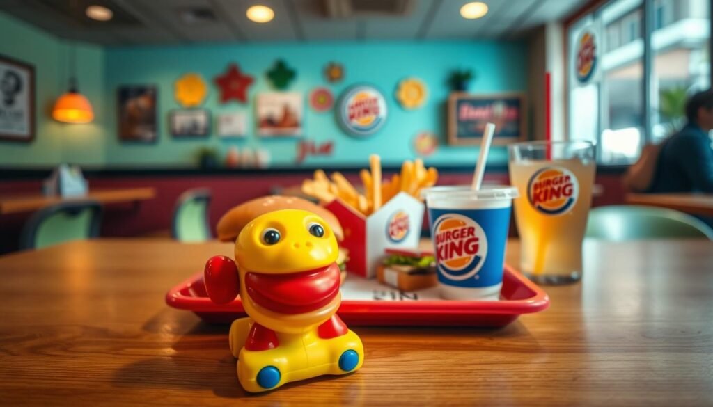 A vibrant and appealing King Jr. Meal setup on a wooden table, featuring a colorful tray holding a classic cheeseburger, a small crispy fries portion, and a refreshing drink. In the foreground, the focus is on a brightly colored toy included in the meal, showcasing its playful design. The middle section displays a charming, family-friendly restaurant environment with cheerful decor in the background, hinting at a Burger King ambiance. Soft, warm lighting illuminates the scene, creating a welcoming atmosphere. The angle is slightly elevated to provide a clear view of the meal and the toy. The overall mood is joyful and nostalgic, celebrating childhood and fun dining experiences without any text or branding visible. A vibrant and appealing King Jr. Meal setup on a wooden table, featuring a colorful tray holding a classic cheeseburger, a small crispy fries portion, and a refreshing drink. In the foreground, the focus is on a brightly colored toy included in the meal, showcasing its playful design. The middle section displays a charming, family-friendly restaurant environment with cheerful decor in the background, hinting at a Burger King ambiance. Soft, warm lighting illuminates the scene, creating a welcoming atmosphere. The angle is slightly elevated to provide a clear view of the meal and the toy. The overall mood is joyful and nostalgic, celebrating childhood and fun dining experiences without any text or branding visible.