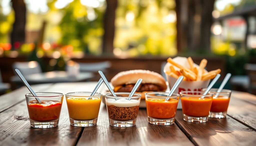 A vibrant and appetizing display of Burger King sauces arranged artistically on a rustic wooden tabletop. The foreground features small, glass dipping cups filled with various sauces, such as zesty barbecue, creamy ranch, tangy mustard, and spicy buffalo, each with a spoon for serving. In the middle ground, there are succulent burger patties and crispy fries lightly dipped in the sauces, showcasing a variety of combinations. The background consists of an outdoor setting with blurred greenery and warm sunlight filtering through trees, creating a cheerful, inviting atmosphere. The scene is lit with soft, natural light, enhancing the colors of the sauces and food items. Capture it with a shallow depth of field to focus on the sauces with a blurred, warm ambiance surrounding them.