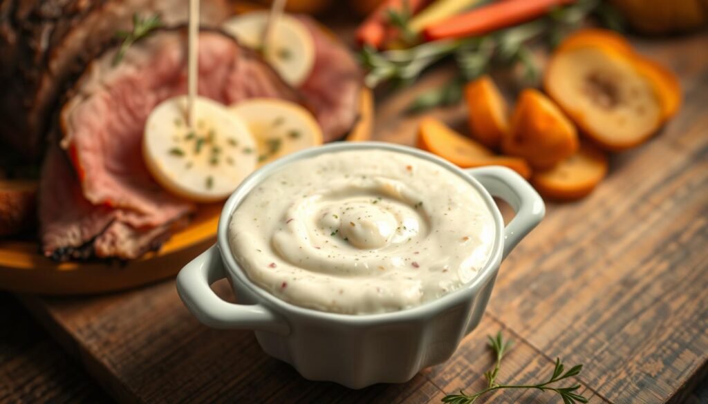 A vibrant and appetizing display of horseradish sauce served in a small, elegant white bowl, placed prominently in the foreground. The creamy sauce, rich in texture and speckled with bits of fresh horseradish, glistens under warm, soft lighting that creates a welcoming ambiance. Surrounding the bowl are enticing accompaniments like slices of roasted beef, crispy appetizers, and fresh vegetables artfully arranged to showcase creative serving ideas. In the background, a rustic wooden table adds warmth, with a blurred hint of greenery and spices to evoke a flavorful, culinary atmosphere. The angle is slightly top-down to highlight the sauce's texture while maintaining a cozy, inviting feel throughout the composition.
