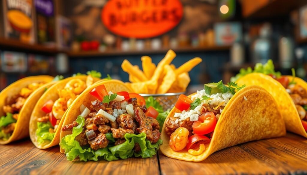 A vibrant and appetizing scene showcasing a variety of fast food tacos arranged on a rustic wooden table. In the foreground, emphasize a crispy taco filled with seasoned beef, fresh lettuce, diced tomatoes, and shredded cheese, glistening with a touch of sauce. Surround it with other colorful tacos featuring different fillings, such as grilled chicken, spicy shrimp, and vegetarian options, for a diverse display. In the middle ground, include a small basket of golden, crispy tortilla chips, garnished with salsa and guacamole. The background features a soft-focus burger joint setting, complete with warm lighting that creates a cozy atmosphere and enhances the food’s colors. Capture the image from a slightly elevated angle to provide depth while maintaining a mouth-watering vibe, perfect for conveying the essence of fast food tacos in a friendly, inviting manner.