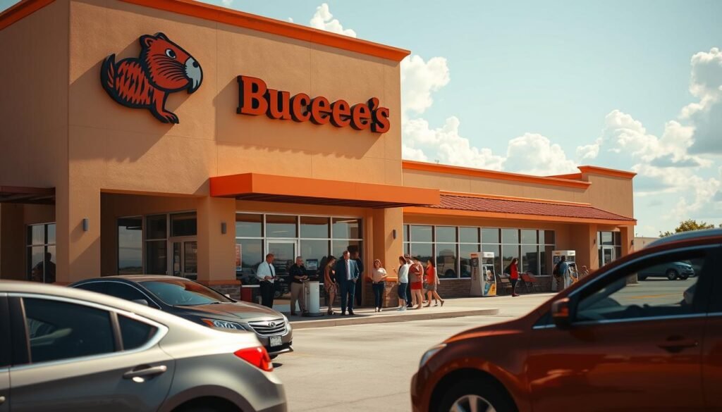 A vibrant and bustling Buc-ee's gas station, showcasing the distinctive tan and orange color scheme with the iconic beaver logo prominently displayed. In the foreground, several cars are parked, emphasizing the convenience of this strategic location. The middle ground features a spacious storefront with large glass windows and welcoming entrance, where families and travelers are entering and exiting, dressed in casual yet professional attire. The background reveals a clear Texas sky with fluffy clouds, providing a sense of openness and tranquility. Bright, natural sunlight illuminates the scene, casting soft shadows and creating a warm, inviting atmosphere. Capture this image from a slightly elevated angle, highlighting the scale of the station in relation to the surrounding landscape. The mood should evoke a sense of excitement and convenience, perfect for road travelers.