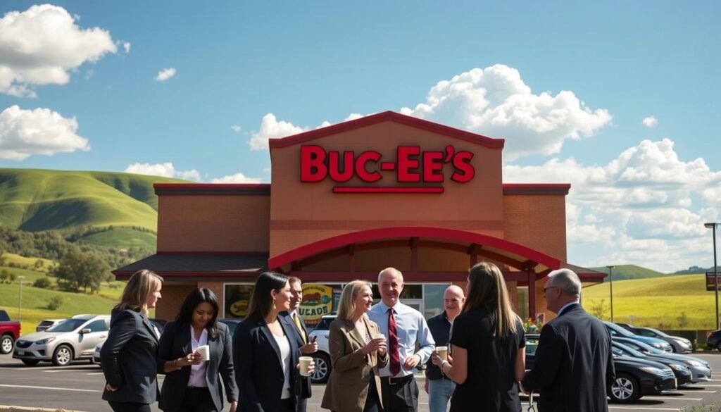 A vibrant and bustling Buc-ee's location in Murfreesboro, TN, showcasing the iconic beaver logo prominently on the building. In the foreground, a diverse group of people in professional attire engage in lively conversation while holding coffee cups. The middle ground features a well-maintained parking lot filled with cars, highlighting the popularity of the store. In the background, the rolling green hills of Tennessee can be seen under a bright blue sky with fluffy clouds, suggesting a sunny day. Soft sunlight casts warm shadows, enhancing the inviting atmosphere of this travel destination. The angle is slightly elevated, capturing the overall layout of the site while focusing on the cheerful and friendly ambiance that Buc-ee's brings to the Tennessee market.