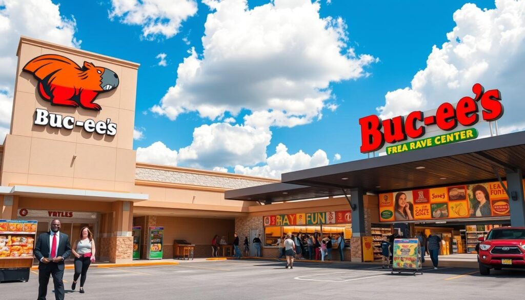 A vibrant and bustling travel center reminiscent of Buc-ee's, showcasing a large, clean exterior with a distinctive beaver logo and welcoming entrance. The foreground features friendly staff in professional business attire serving customers, while families and travelers enjoy the spacious parking lot. The middle ground captures the vibrant store interior, filled with colorful snack displays, an inviting café area, and unique, fun merchandise. In the background, a bright blue sky with fluffy white clouds contrasts with the cheerful signage and expansive building. The lighting is warm and inviting, capturing the lively essence of a beloved travel destination. A wide-angle perspective enhances the atmosphere, emphasizing the center's appeal and bustling activity, illustrating what makes it unique.