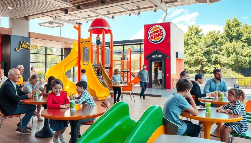 A vibrant and colorful restaurant playground at Burger King, featuring cheerful children playing on safe, modern play structures with slides and climbing walls. In the foreground, kids are engaging in imaginative play, while parents watch from nearby café tables, all dressed in modest casual clothing. The middle ground showcases various play equipment alongside a section of the restaurant, where the welcoming entrance is visible. The background hints at a sunny day with lush greenery and blue skies, creating an inviting atmosphere. Soft natural lighting enhances the joyful mood, and the camera angle is slightly elevated to capture the whole scene, conveying a sense of fun and community in a well-designed space. A vibrant and colorful restaurant playground at Burger King, featuring cheerful children playing on safe, modern play structures with slides and climbing walls. In the foreground, kids are engaging in imaginative play, while parents watch from nearby café tables, all dressed in modest casual clothing. The middle ground showcases various play equipment alongside a section of the restaurant, where the welcoming entrance is visible. The background hints at a sunny day with lush greenery and blue skies, creating an inviting atmosphere. Soft natural lighting enhances the joyful mood, and the camera angle is slightly elevated to capture the whole scene, conveying a sense of fun and community in a well-designed space.