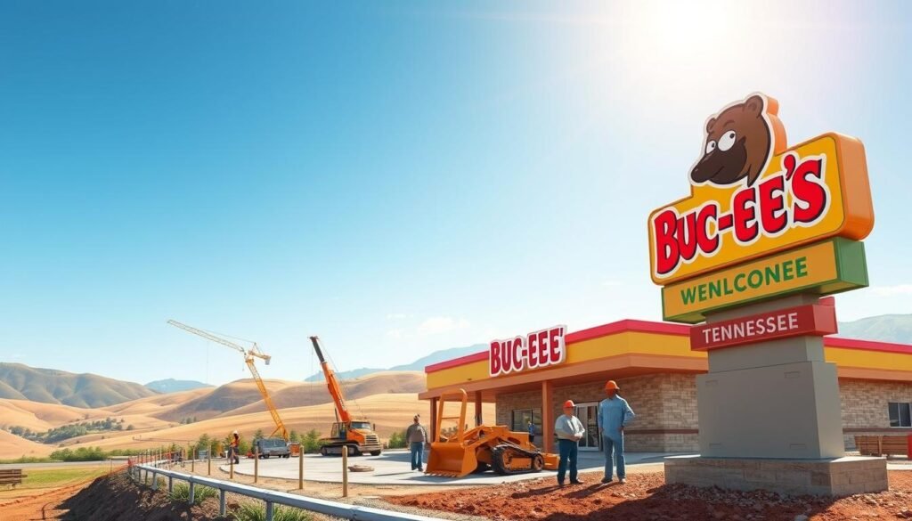 A vibrant and detailed illustration of a Buc-ee's convenience store under construction, set in Tennessee's scenic landscape. In the foreground, a large, welcoming Buc-ee’s sign stands prominently, showcasing the brand’s iconic beaver mascot. The middle ground reveals construction workers in professional attire, collaborating on the building site, surrounded by construction equipment like cranes and bulldozers. In the background, rolling hills typical of Tennessee's countryside stretch towards the horizon. The lighting is bright and optimistic, suggesting a sunny day with clear blue skies, highlighting the bustling activity and potential of the new location. The overall atmosphere conveys excitement and progress, perfectly capturing the anticipation of Buc-ee's expansion efforts in the Volunteer State. A vibrant and detailed illustration of a Buc-ee's convenience store under construction, set in Tennessee's scenic landscape. In the foreground, a large, welcoming Buc-ee’s sign stands prominently, showcasing the brand’s iconic beaver mascot. The middle ground reveals construction workers in professional attire, collaborating on the building site, surrounded by construction equipment like cranes and bulldozers. In the background, rolling hills typical of Tennessee's countryside stretch towards the horizon. The lighting is bright and optimistic, suggesting a sunny day with clear blue skies, highlighting the bustling activity and potential of the new location. The overall atmosphere conveys excitement and progress, perfectly capturing the anticipation of Buc-ee's expansion efforts in the Volunteer State.