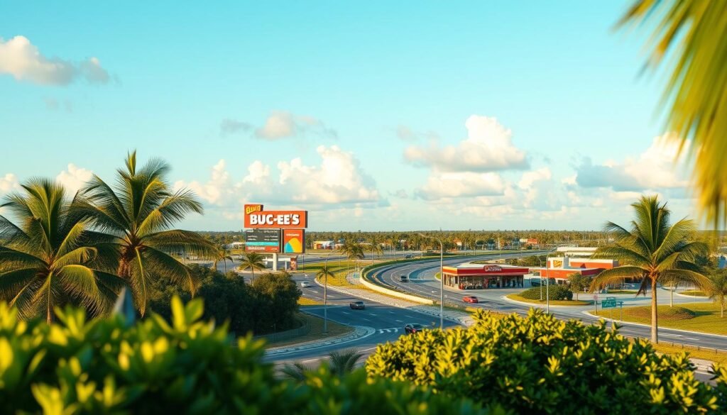 A vibrant and dynamic scene capturing the essence of St. Lucie County, Florida, showcasing the lush greenery and palm trees in the foreground. In the middle ground, depict a picturesque highway with development plans for a future Buc-ee's location, featuring colorful construction signs and representation of engaging architecture for the iconic gas station and convenience store. The background should include a clear blue sky with soft, fluffy clouds and hints of suburban neighborhoods. Use warm, inviting daylight to create a cheerful atmosphere. Employ a wide-angle lens perspective to emphasize the new developments and the bustling environment, highlighting the community spirit and excitement for upcoming ventures. No people are included in the scene, ensuring a focus on the landscape and prospective Buc-ee's site.