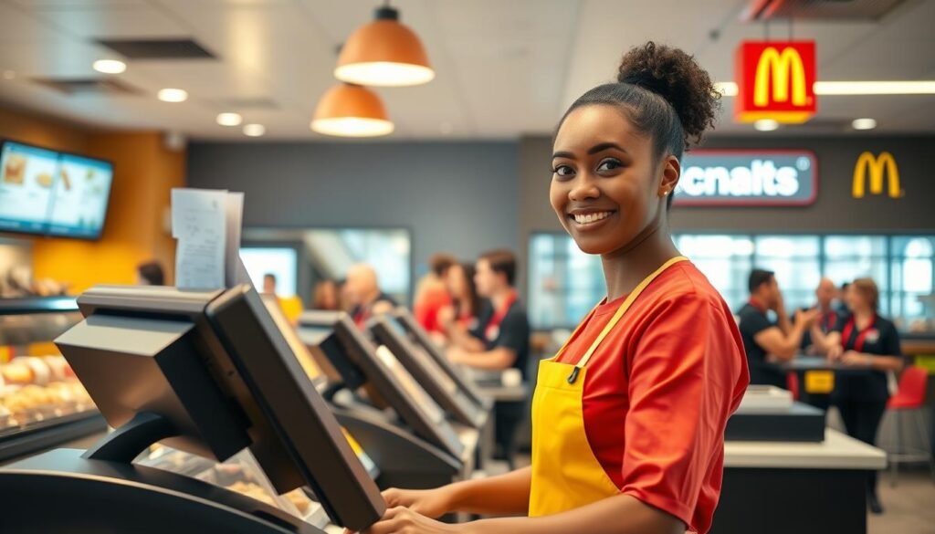 A vibrant and dynamic scene highlighting the mastery of cashiering skills in a McDonald's setting. In the foreground, a professional-looking cashier in a red and yellow uniform is skillfully operating a modern Point of Sale (POS) terminal, with their focused expression reflecting confidence and expertise. The middle ground features a well-organized counter filled with various menu items and a digital display showcasing specials. In the background, a bright and welcoming restaurant environment is visible, with cheerful customers enjoying their meals and staff members actively engaging with them. The lighting is warm and inviting, capturing the friendly atmosphere of the fast-food chain, while a slight depth of field emphasizes the cashier's focused actions. The mood is energetic and positive, celebrating the acquisition of essential cashiering skills.