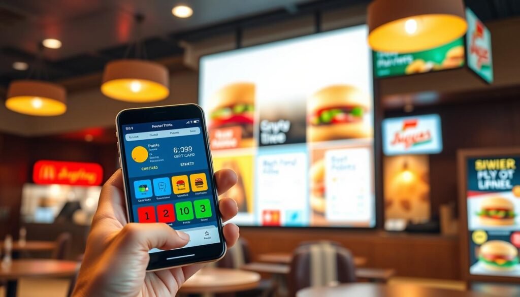 A vibrant and dynamic scene of a digital wallet app interface on a smartphone, prominently displaying a reward points dashboard, with colorful graphics indicating points earned and spent. In the foreground, a hand casually holds the smartphone, showcasing a collection of stylish restaurant gift cards. In the middle, a glowing digital screen illustrates burger icons, point balances, and a virtual receipt, enticing users to maximize their rewards. The background features a soft-focus fast-food restaurant setting, with appetizing burger imagery and digital screens advertising promotions. The overall mood is energetic and encouraging, with warm lighting to create an inviting atmosphere, capturing the excitement of dining rewards.