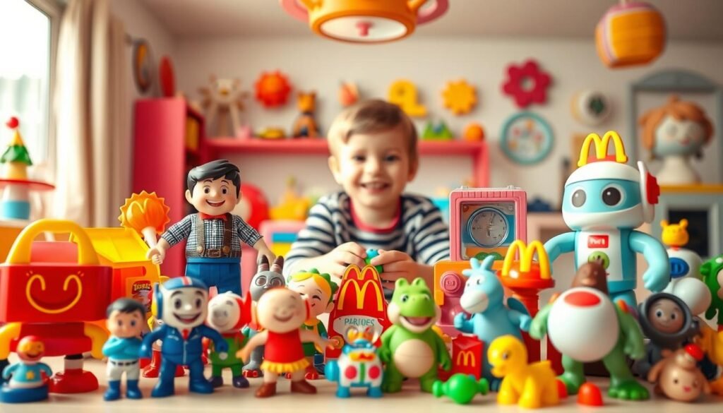 A vibrant and engaging scene featuring a variety of McDonald's Happy Meal toys, displayed prominently in the foreground. The toys include colorful figures, action characters, and interactive elements, all showcasing cheerful expressions and playful designs. In the middle ground, a joyful child is playing with some of the toys, surrounded by soft, natural lighting that enhances the whimsical atmosphere. The background features a bright, inviting playroom, complete with playful decorations and hints of McDonald's branding in a subtle manner. Use a warm, balanced color palette to evoke a sense of nostalgia and happiness, shot from a slightly elevated angle to capture the excitement of playtime. The overall mood is one of joy and imagination, encouraging viewers to engage with the toys.