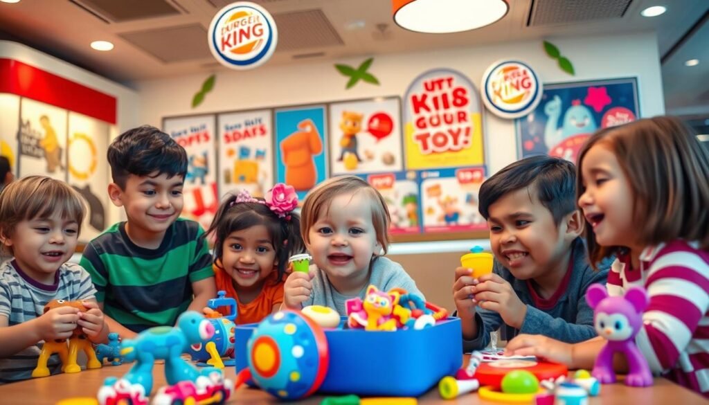 A vibrant and engaging visual representation of targeted advertising, with a focus on children’s toy marketing. In the foreground, feature a playful scene with a group of diverse children, aged around 6-10, excitedly interacting with colorful Burger King kids meal toys. In the middle ground, display playful advertisements and posters showcasing the latest toys in a fun, inviting format, hinting at how targeted marketing reaches young audiences. The background should include a lively Burger King restaurant, filled with cheerful decorations and family-friendly elements. Soft, warm lighting creates a cozy atmosphere, while a slightly elevated angle captures the children's enthusiasm, evoking a sense of joy and wonder in the world of toys. The overall mood should be fun and whimsical, highlighting the influence of imaginative marketing strategies.