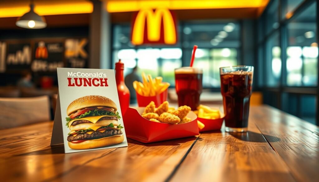 A vibrant and enticing lunch menu display on a rustic wooden table, featuring popular McDonald's items like a Big Mac, crispy fries, golden chicken nuggets, and a refreshing iced tea. In the foreground, a glossy menu card with mouth-watering images of the food, elegantly positioned beside a bright red ketchup bottle. The middle portion showcases the delicious items, with an inviting and warm atmosphere created by soft, natural daylight pouring in from a nearby window. In the background, a muted McDonald's sign with the iconic colors can be faintly seen, giving context to the setting. The overall mood is cheerful and appetizing, inviting viewers to explore the lunch offerings. The shot is captured at eye-level with a shallow depth of field, ensuring focus on the delicious food items.