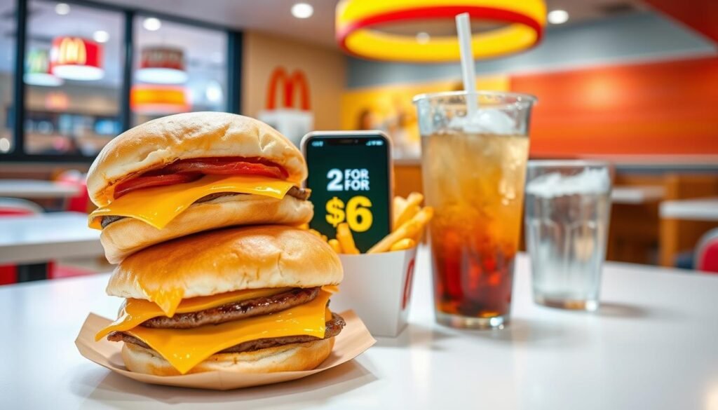 A vibrant and enticing "meal deal" spread featuring two delicious cheeseburgers, crispy French fries, and a refreshing soft drink, all arranged on a clean white table. In the foreground, the burgers are stacked attractively, showcasing their melted cheese and fresh toppings. The crispy fries are in a small paper container next to the burgers, glistening with a light sheen. A clear soda cup sits prominently, with condensation on the outside, reflecting bright overhead lighting. In the middle ground, a smartphone displays the McDonald's app interface, highlighting the "2 for $6" deal in a sleek, modern design. The background is softly blurred, featuring a cozy restaurant ambience with hints of red and yellow decor, evoking a warm and inviting atmosphere, capturing the essence of value dining. A vibrant and enticing "meal deal" spread featuring two delicious cheeseburgers, crispy French fries, and a refreshing soft drink, all arranged on a clean white table. In the foreground, the burgers are stacked attractively, showcasing their melted cheese and fresh toppings. The crispy fries are in a small paper container next to the burgers, glistening with a light sheen. A clear soda cup sits prominently, with condensation on the outside, reflecting bright overhead lighting. In the middle ground, a smartphone displays the McDonald's app interface, highlighting the "2 for $6" deal in a sleek, modern design. The background is softly blurred, featuring a cozy restaurant ambience with hints of red and yellow decor, evoking a warm and inviting atmosphere, capturing the essence of value dining.