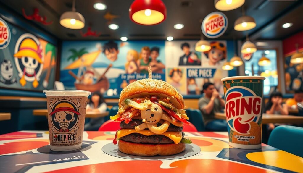 A vibrant and enticing scene featuring a One Piece-themed Burger King restaurant. In the foreground, a colorful table showcases an exclusive menu item: a burger adorned with whimsical, pirate-inspired toppings, alongside a collectible drink cup featuring popular One Piece characters. The middle ground shows a cleverly designed restaurant interior with nautical decorations, large posters of One Piece lore, and vibrant colors creating a fun atmosphere. In the background, cheerful families enjoy their meals, some displaying their collectible toys. The lighting is warm and inviting, evoking a lively dining experience, while the perspective is slightly elevated, capturing both the table and the bustling restaurant ambiance. The overall mood is playful and energetic, perfect for fans of all ages.