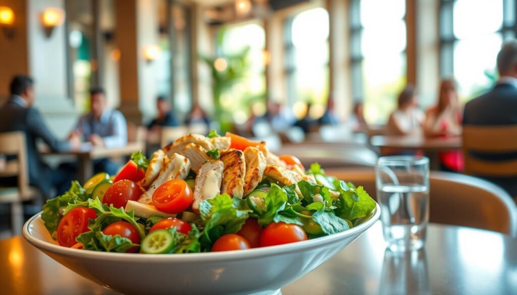 A vibrant and fresh "King Salad" elegantly presented in a large, elegant bowl at the forefront of the image. The salad features an abundance of colorful toppings including crisp greens, juicy cherry tomatoes, crunchy cucumbers, and slices of grilled chicken, artfully arranged with a drizzle of creamy dressing. In the middle ground, a softly blurred restaurant setting captures a modern, inviting atmosphere with well-dressed patrons enjoying their meals. The background showcases a bright window allowing warm, natural light to illuminate the dish and create an inviting, cheerful ambiance. The focus is on the freshness and vibrancy of the salad, evoking a sense of healthy indulgence and global gastronomic exploration. The angle is slightly elevated, providing a clear view of the salad while maintaining a warm, welcoming mood.