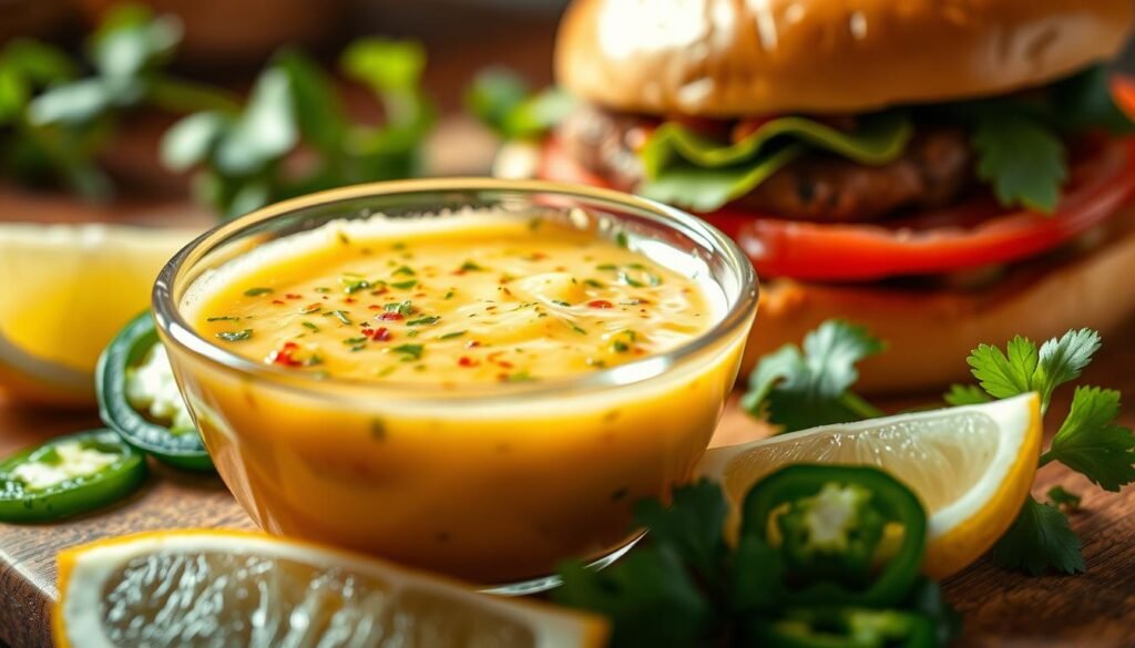 A vibrant and inviting close-up of a small glass bowl filled with zesty sauce, showcasing its rich, creamy texture combined with flecks of vibrant herbs and spices. The sauce is surrounded by fresh ingredients like sliced jalapeños, cilantro leaves, and lemon wedges, suggesting freshness and flavor. In the background, a softly blurred burger with toppings can be seen, hinting at a delicious pairing. The lighting is warm and inviting, enhancing the colors of the sauce and ingredients, creating a mouth-watering atmosphere. The scene is shot from a slightly elevated angle, capturing the details of the sauce and surrounding elements, evoking a sense of culinary delight and exploration.